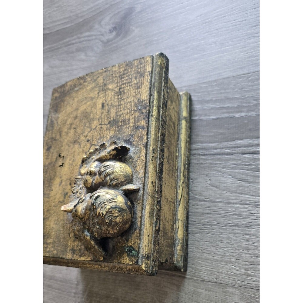 Vintage Wood Trinket Box Angels Cherubs Antique Gold Color Wooden - Picture 6 of 12